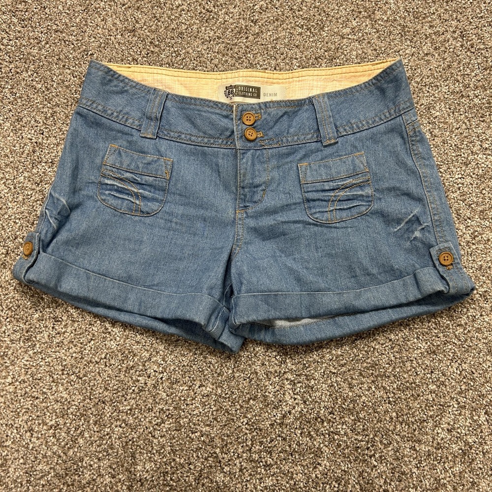 Y2K Route 66 Shorts Womens 3/4 Blue Denim Chino Cuffed Button Tab Casual Summer